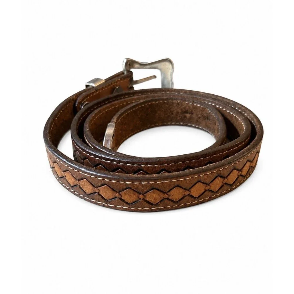 Vintage Interlocking Diamond Design Brown Leather Belt 31